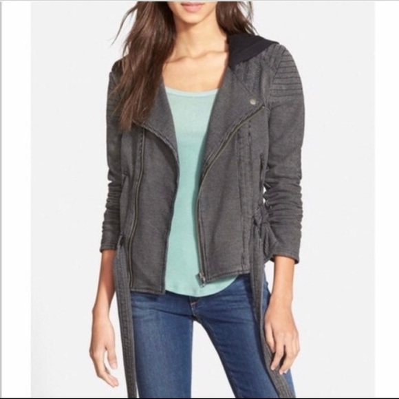 Free People Striped Knit Gray Cotton Pinstripe Hooded Moto Jacket EUC Size Small - Picture 1 of 11